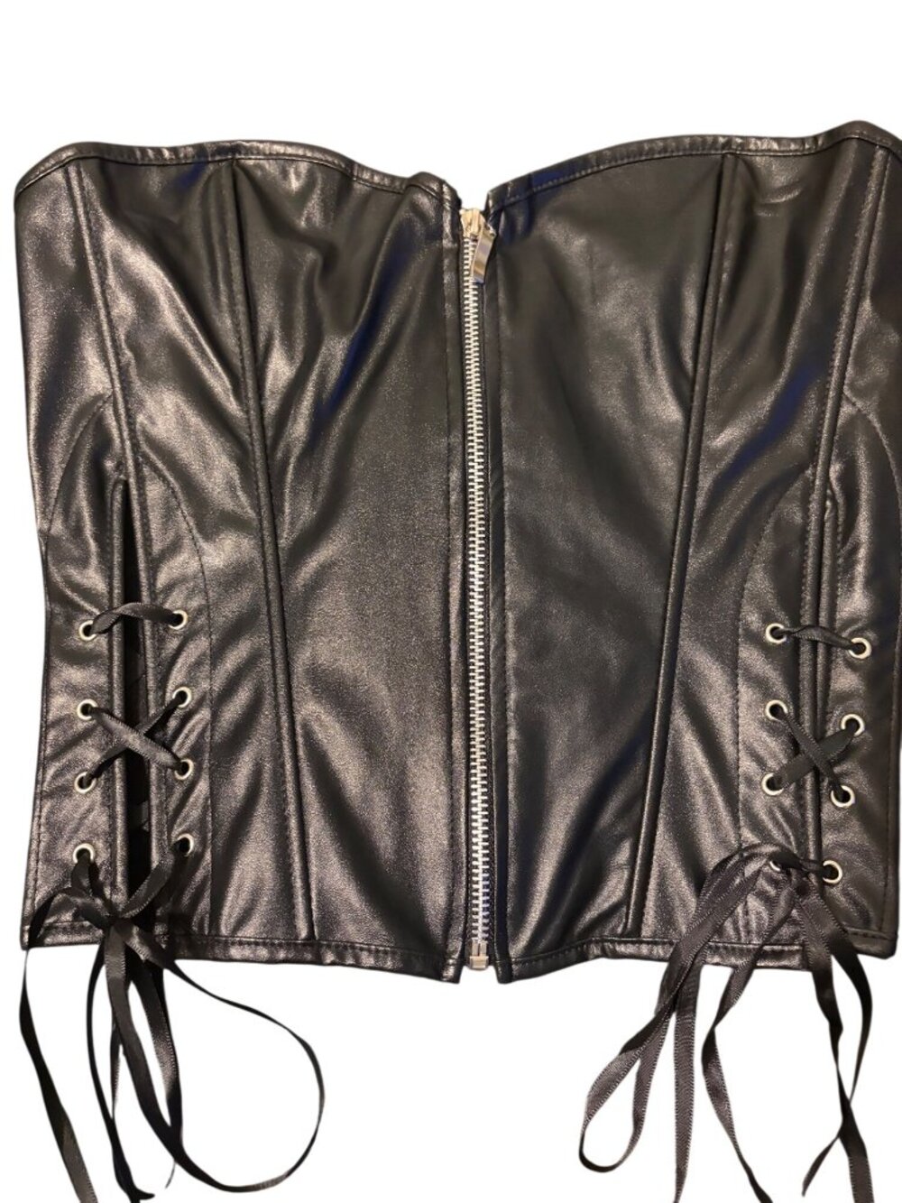 Black Faux Leather Corset Top Zipper Closure & Lace-Up Sides Strapless Women